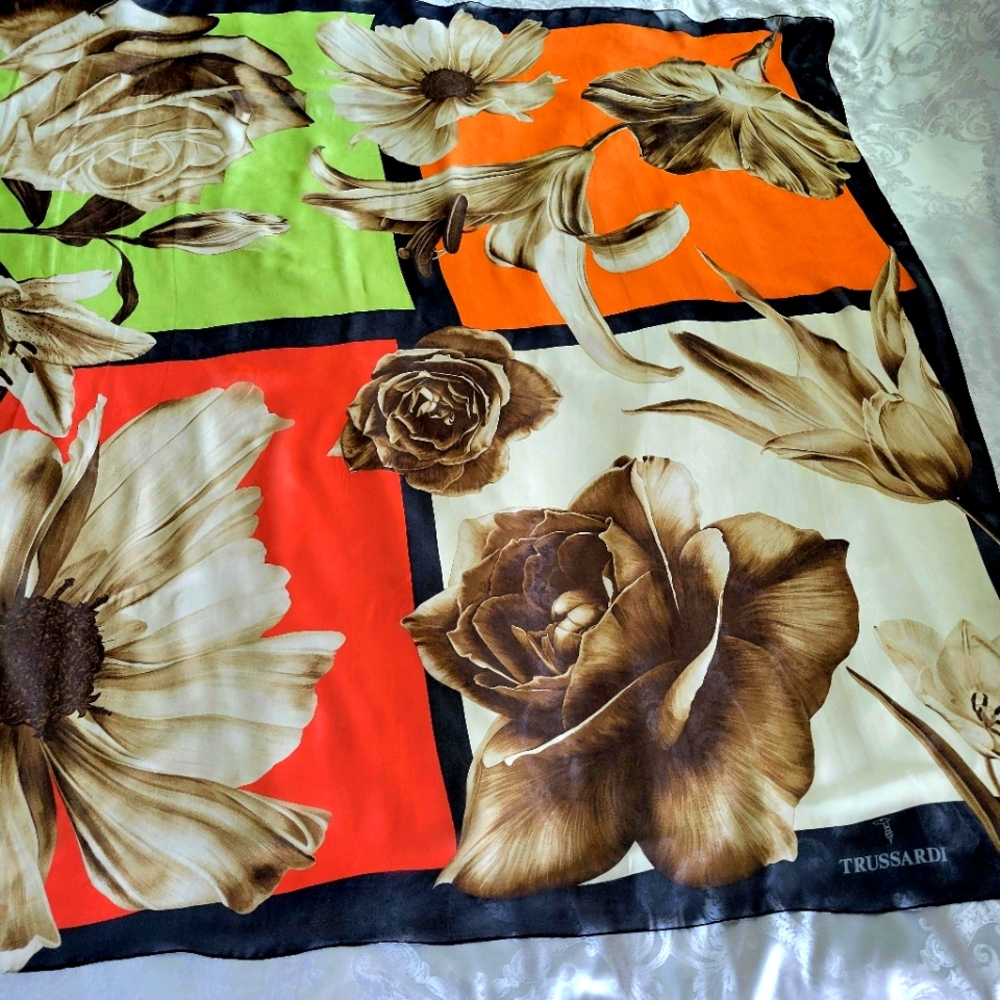 Trussardi Made In Italy  Multicolor Floral Silk Scarf Extra Large.52X53 Inches.